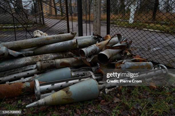 The remains of artillery shells and missiles including cluster munitions are stored on December 18, 2022 in Toretsk, Ukraine. Inhabitants living on...