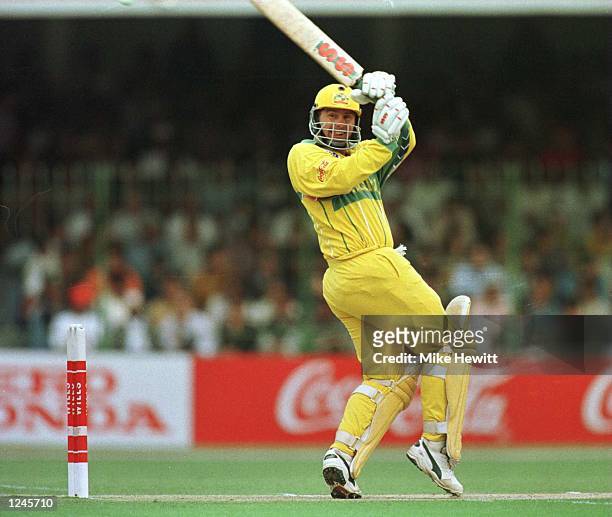 Australia captain Mark Taylor plays a shot during the Cricket World Cup Final between Australia and Sri Lanka played at the Gaddafi stadium in...