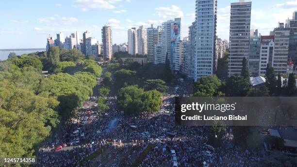 Aerial view as Argentine fans gather to celebrate at National Flag Memorial after their team's victory in the final match of the FIFA World Cup Qatar...
