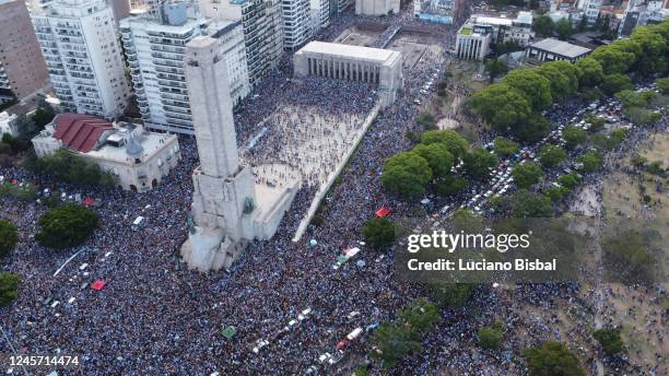 Aerial view as Argentine fans gather to celebrate at National Flag Memorial after their team's victory in the final match of the FIFA World Cup Qatar...