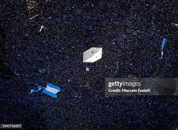 In this aerial view, fans of Argentina celebrate the FIFA World Cup Qatar 2022 win against France on December 18, 2022 in Buenos Aires, Argentina.