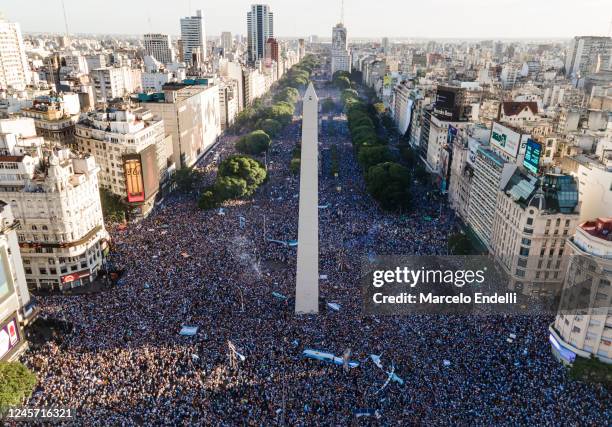 In this aerial view, fans of Argentina celebrate the FIFA World Cup Qatar 2022 win against France on December 18, 2022 in Buenos Aires, Argentina.