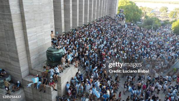 Aerial view as Argentine fans gather to celebrate at Flag Monument in Rosario after their teams victory in the final match of the FIFA World Cup...