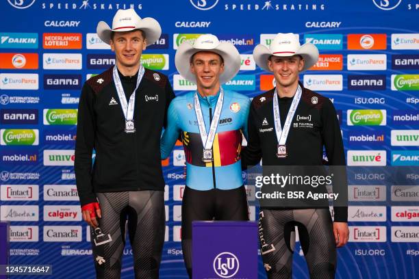 Connor Howe of Canada, Bart Swings of Belgium and Hayden Mayeur of Canada during the podium ceremony after competing on the Men's Mass Start Final...