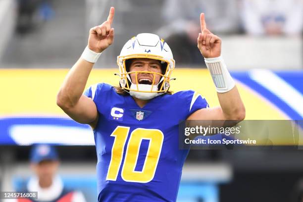 Los Angeles Chargers quarterback Justin Herbert celebrates during the NFL regular season game between the Tennessee Titans and the Los Angeles...