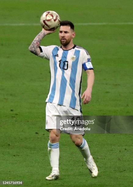 Lionel Messi of Argentina celebrates after scoring during the FIFA World Cup 2022 Final Match between Argentina and France at Lusail Stadium, in...