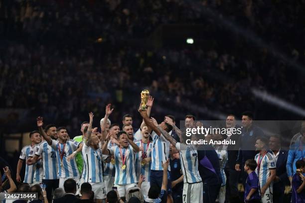 Players of Argentina celebrate the victory after Argentina won the FIFA World Cup Qatar 2022 by beating France via penalty shoot-out at Lusail...