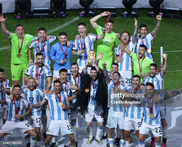 Players of Argentina celebrate the victory after Argentina won the FIFA World Cup Qatar 2022 by beating France via penalty shoot-out at Lusail...