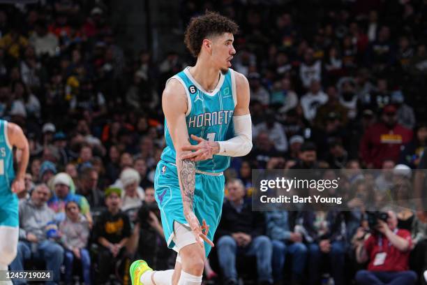 LaMelo Ball of the Charlotte Hornets celebrates a three point basket during the game against the Denver Nuggets on December 18, 2022 at the Ball...