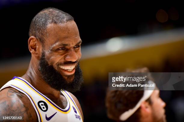 LeBron James of the Los Angeles Lakers smiles during the game against the Washington Wizards on December 18, 2022 at Crypto.Com Arena in Los Angeles,...