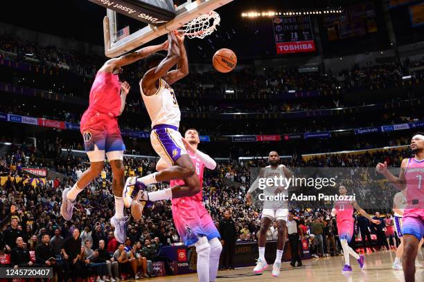 Thomas Bryant of the Los Angeles Lakers dunks the ball to win the game against the Washington Wizards on December 18, 2022 at Crypto.Com Arena in Los...