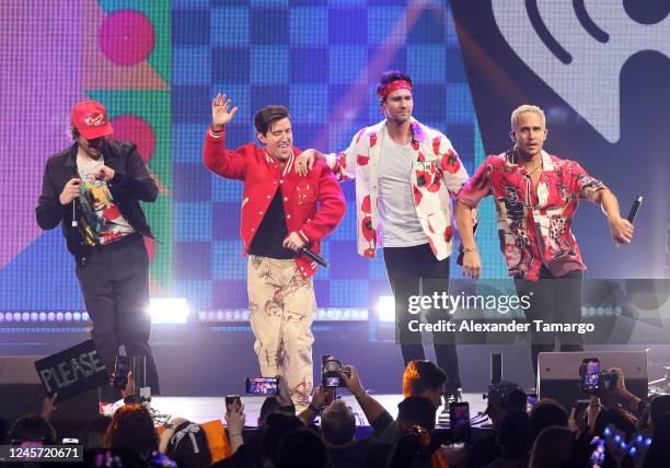 Kendall Schmidt, Logan Henderson, James Maslow and Carlos Pena Vega of Big Time Rush perform onstage at iHeartRadio Y100s Jingle Ball 2022 Presented...