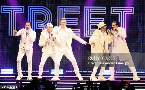 Howie Dorough, Brian Littrell, Nick Carter, AJ McLean and Kevin Richardson of the Backstreet Boys perform onstage at iHeartRadio Y100s Jingle Ball...