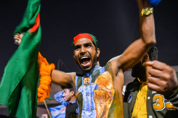 An Argentina supporter celebrates their victory in the FIFA World Cup Qatar 2022 final match between Argentina and France. Argentina won over France...