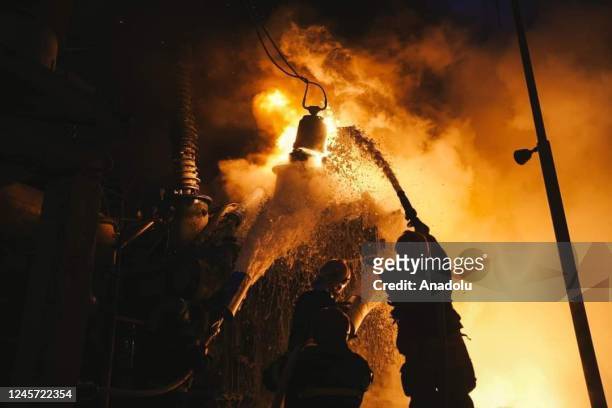 Firefighters conduct extinguishing works after Russia's unmanned aerial vehicle attacks in Kyiv, Ukraine on December 19, 2022. Ukrainian Armed Forces...