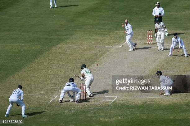 Pakistan's Saud Shakeel plays a ball during the third day of the third cricket Test match between Pakistan and England at the National Stadium in...