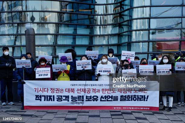 Members of Peace and Unification hold a press conference in front of the Japanese Embassy in Seoul to urge the withdrawal of the declaration that the...