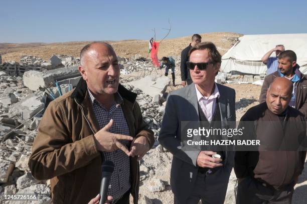 Head of the European Unions mission to the West Bank and Gaza Sven von Burgsdorff and a delegation visit the site of a Palestinian school which was...