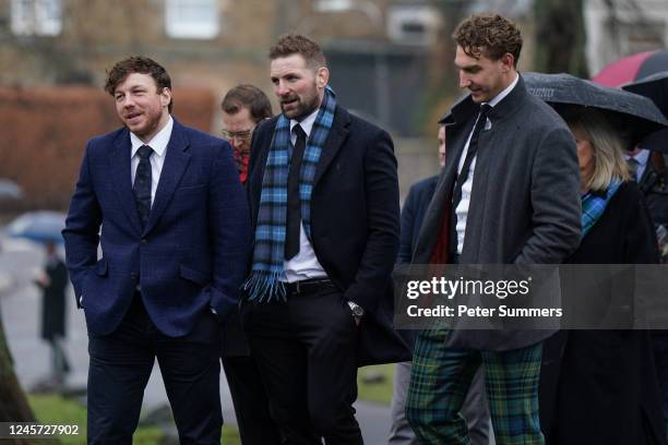 Hamish Watson, John Barclay and Jamie Ritchie arrive at Melrose Parish Church for Doddie Weir's memorial service on December 19, 2022 in Melrose,...