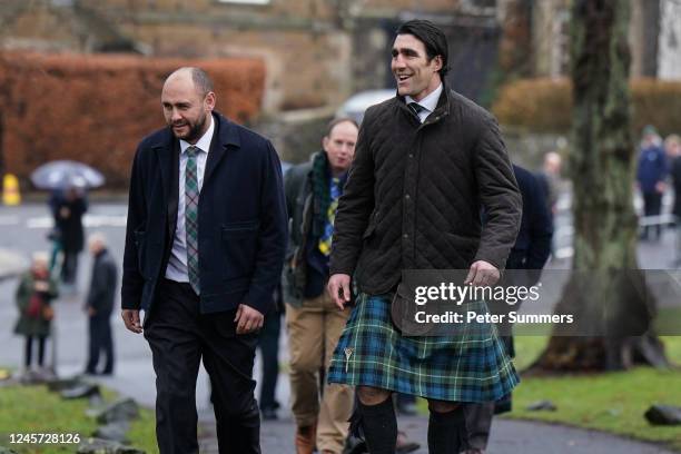 Kelly Brown arrives at Melrose Parish Church for Doddie Weir's memorial service on December 19, 2022 in Melrose, Scotland. Scottish Rugby Union...