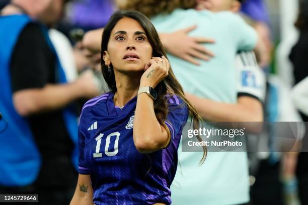 Antonella Roccuzzo wife of Lionel Messi after the FIFA World Cup Qatar 2022 Final match between Argentina and France at Lusail Stadium on December...