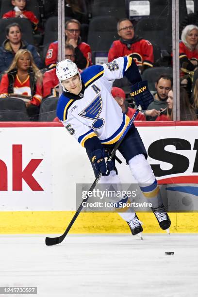 St. Louis Blues Defenceman Colton Parayko accepts a pass during the first period of an NHL game between the Calgary Flames and the St. Louis Blues on...