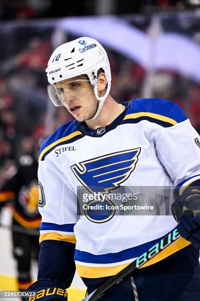St. Louis Blues Winger Brayden Schenn looks on during the first period of an NHL game between the Calgary Flames and the St. Louis Blues on December...