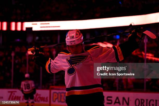 St. Louis Blues Winger Brayden Schenn stretches before the first period of an NHL game between the Calgary Flames and the St. Louis Blues on December...