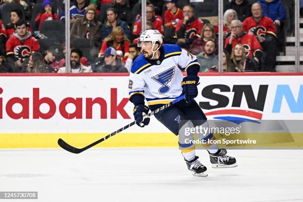 St. Louis Blues Defenceman Justin Faulk skates during the first period of an NHL game between the Calgary Flames and the St. Louis Blues on December...