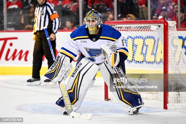 St. Louis Blues Goalie Thomas Greiss in action during the first period of an NHL game between the Calgary Flames and the St. Louis Blues on December...
