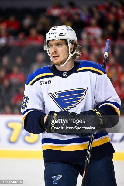 St. Louis Blues Center Robert Thomas looks on after a whistle during the third period of an NHL game between the Calgary Flames and the St. Louis...