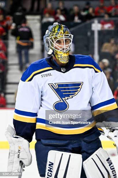 St. Louis Blues Goalie Thomas Greiss looks on between whistles during the first period of an NHL game between the Calgary Flames and the St. Louis...