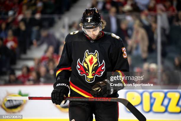 Calgary Flames Defenceman Connor Mackey looks on after a whistle during the third period of an NHL game between the Calgary Flames and the St. Louis...