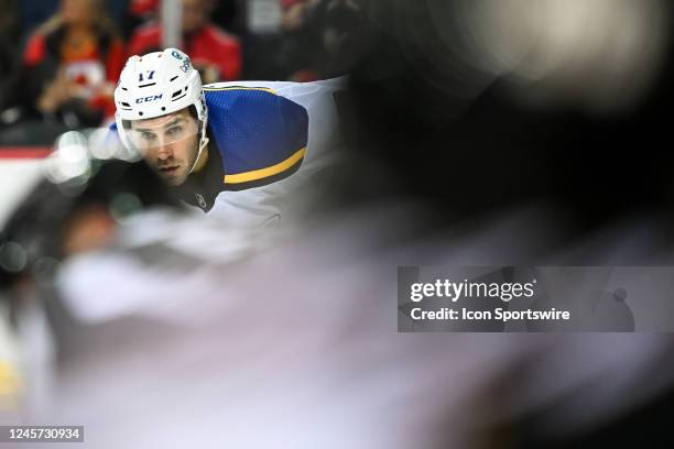 St. Louis Blues Right Wing Josh Leivo gets ready for a face-off during the first period of an NHL game between the Calgary Flames and the St. Louis...