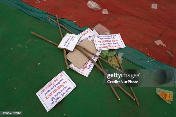 Placards made by farmers protesting against the farm laws and policies along with demanding Minimum Support Price during a rally at Ramlila Maidan in...