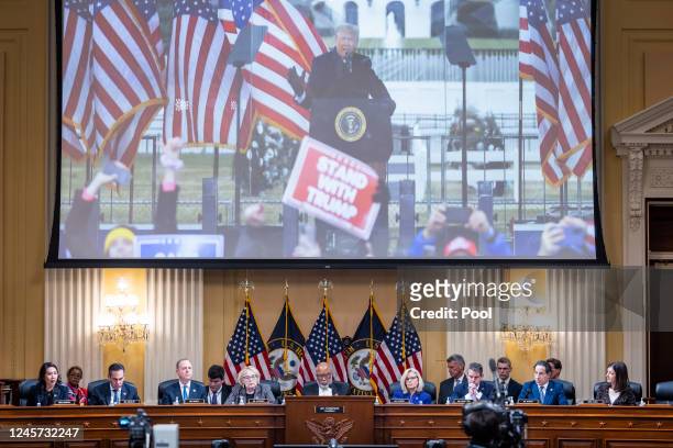 An image of former President Donald Trump is displayed as members of the House Select Committee to Investigate the January 6 Attack on the U.S....