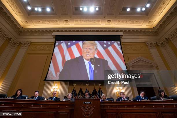 Former U.S. President Donald Trump is displayed on a screen during a meeting of the Select Committee to Investigate the January 6th Attack on the...