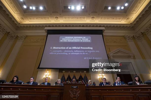 "Criminal Referral Of President Donald J. Trump To The Department Of Justice" displayed on a screen during a hearing of the Select Committee to...