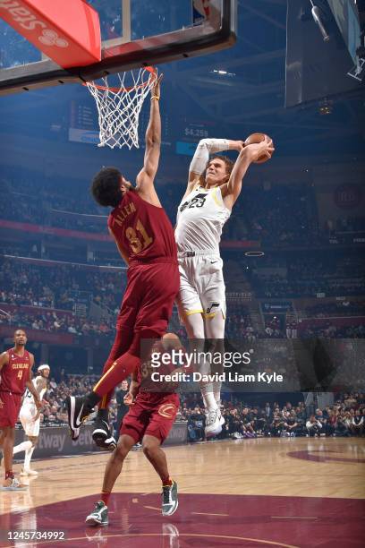 Lauri Markkanen of the Utah Jazz dunks the ball during the game against the Cleveland Cavaliers on December 19, 2022 at Rocket Mortgage FieldHouse in...