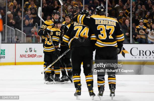 Brandon Carlo of the Boston Bruins celebrates his goal with his teammates during the first period against the Florida Panthers at the TD Garden on...