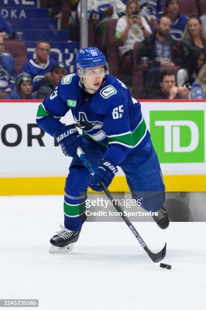 Vancouver Canucks right wing Ilya Mikheyev skates with the puck during their NHL game against the Winnipeg Jets at Rogers Arena on December 17, 2022...
