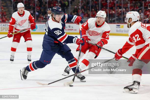 Nicolas Aube-Kubel of the Washington Capitals takes a shot on net during a game against the Detroit Red Wings at Capital One Arena on December 19,...