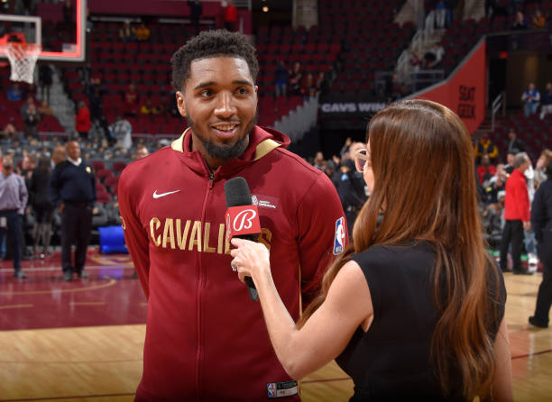 Donovan Mitchell of the Cleveland Cavaliers is interviewed after the game against the Utah Jazz on December 19, 2022 at Rocket Mortgage FieldHouse in...