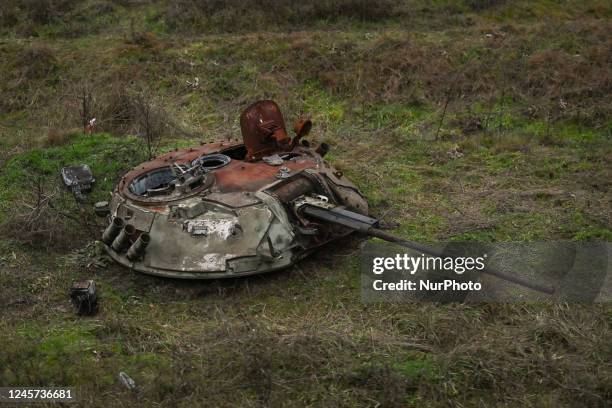 Destroyed turret of an armored car seen from the window of an evacuation train from Kherson to Khmelnytskyi, on Sunday, December 18, 2022. Five weeks...