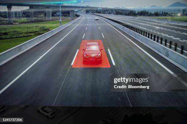 Screen demonstrating Baidu Inc.'s Apollo autonomous driving platform at the company's Apollo Park in Beijing, China, on Thursday, Nov. 10, 2022....