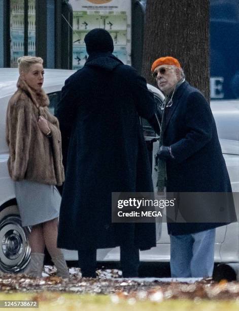 Aubrey Plaza, Adam Driver and Francis Ford Coppola are seen on set for "Megalopolis" on December 19, 2022 in Atlanta, Georgia