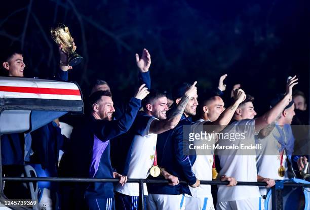 Paulo Dybala, Lionel Mess, Rodrigo De Paul, Leandro Paredes, Lautaro Martinez and Julian Alvarez celebrates during the arrival of the Argentina men's...