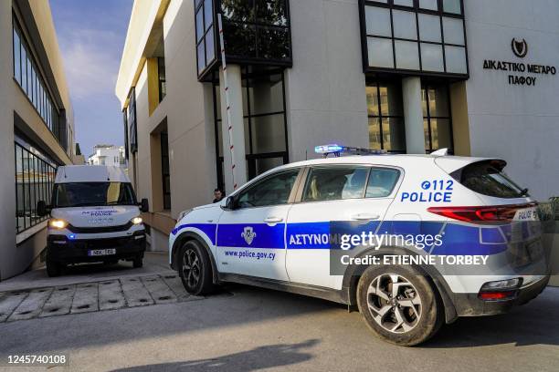 Police van transporting David Hunter, a Briton accused of killing his terminally ill wife, arrives for a trial hearing at the Paphos District Court...