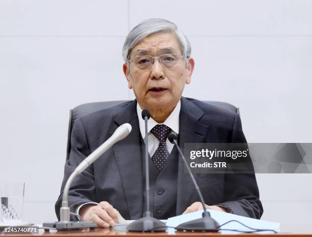 Bank of Japan Governor Haruhiko Kuroda speaks during a press conference at BoJ headquarters in Tokyo on December 20, 2022. - Japan's central bank...