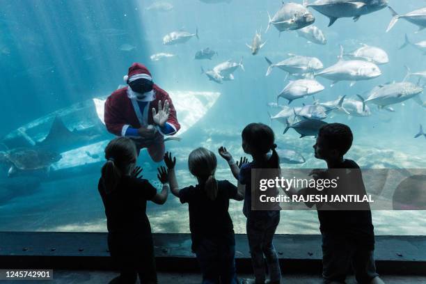 South African diver Jerry Ntombela dressed as Santa Claus waves at children during a show at Africa's largest marine park, the South African Marine...